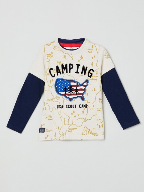 

max Boys Grey & Navy Blue Typography Printed T-shirt, Off white