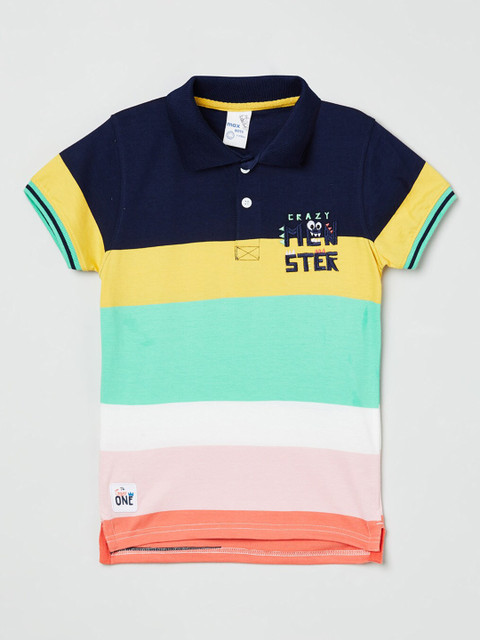 

max Boys Navy Blue Sea Green Striped Polo Collar Pure Cotton T-shirt