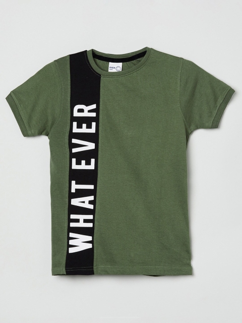 

max Boys Olive Green Black Typography Printed Pure Cotton T-shirt