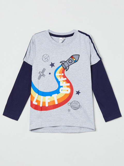 

max Boys Grey Navy Blue Printed Pure Cotton T-shirt