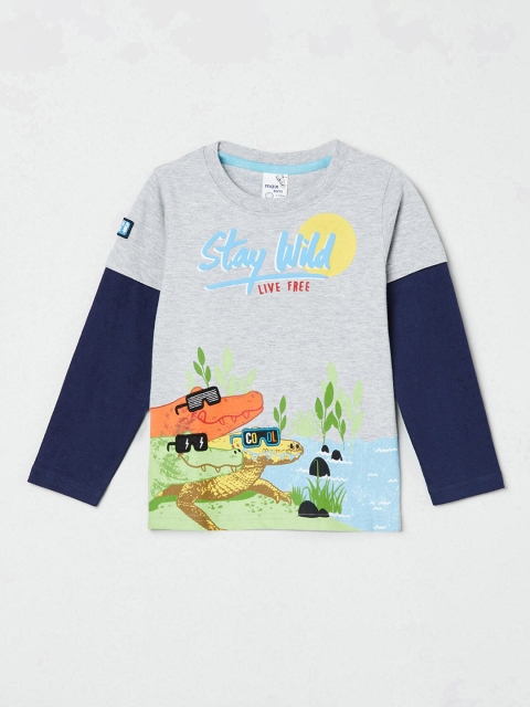 

max Boys Grey & Navy Blue Printed Cotton T-shirt