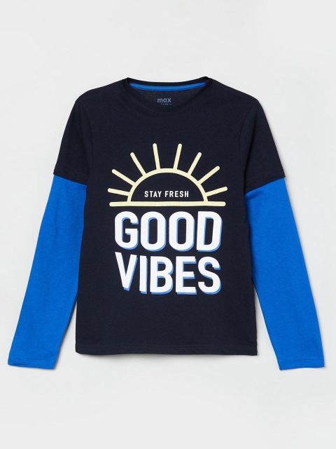 

max Boys Navy Blue White Typography Printed Pure Cotton T-shirt