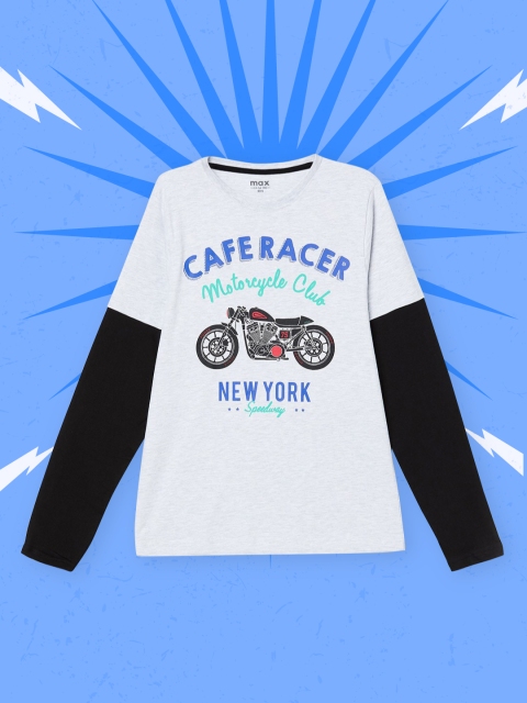 

max Boys Grey Melange Black Printed Pure Cotton T-shirt