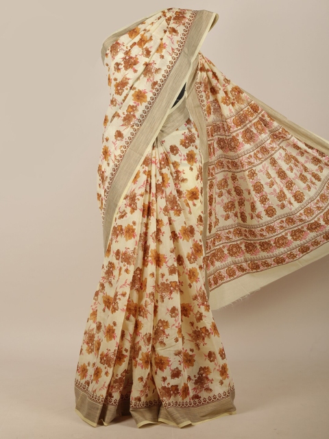 

Pothys Cream-Coloured & Brown Floral Printed Saree
