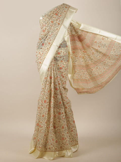 

Pothys Cream-Coloured & Peach-Coloured Floral Printed Saree