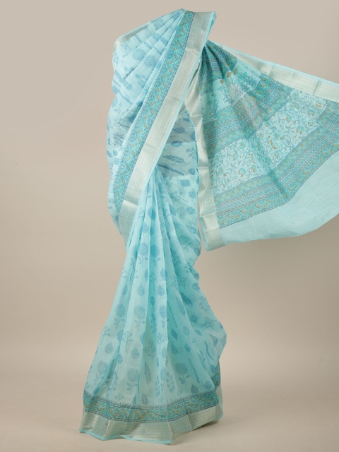 

Pothys Blue & Silver-Coloured Ethnic Motifs Printed Saree