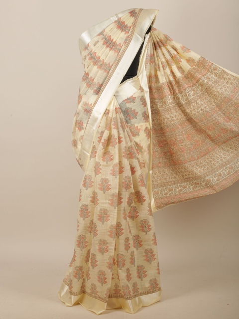 

Pothys Cream-Coloured & Coral Ethnic Motifs Printed Saree