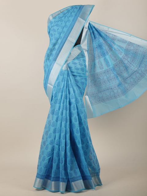 

Pothys Blue & Silver-Coloured Ethnic Motifs Printed Saree