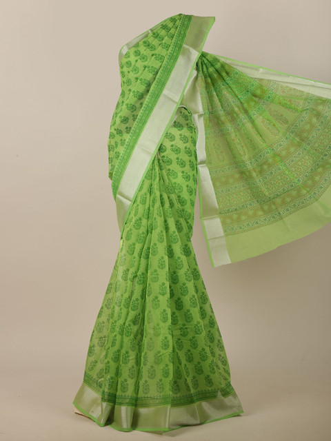 

Pothys Green & Silver-Coloured Ethnic Motifs Printed Saree