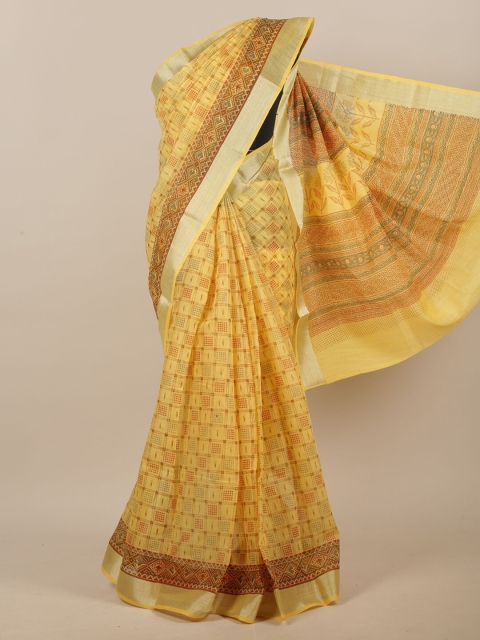 

Pothys Yellow & Brown Geometric Printed Saree