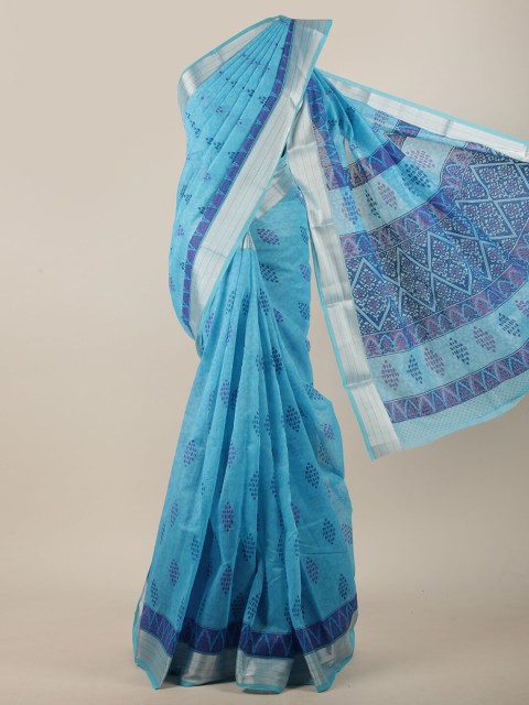 

Pothys Blue & Silver Geometric Printed Zari Saree