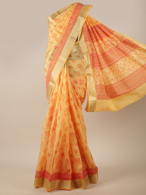 

Pothys Yellow & Orange Floral Zari Saree