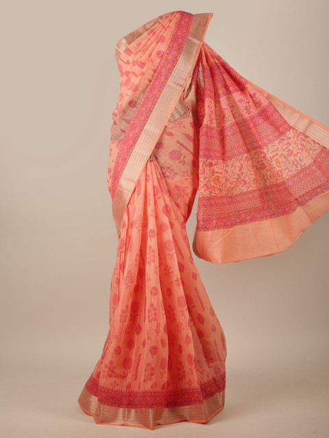 

Pothys Peach-Coloured & Pink Floral Saree