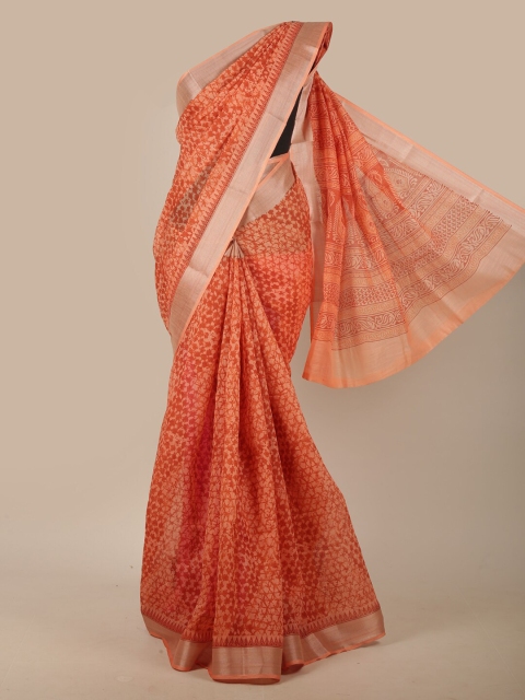 

Pothys Peach-Coloured & Gold Abstract Printed Zari Saree