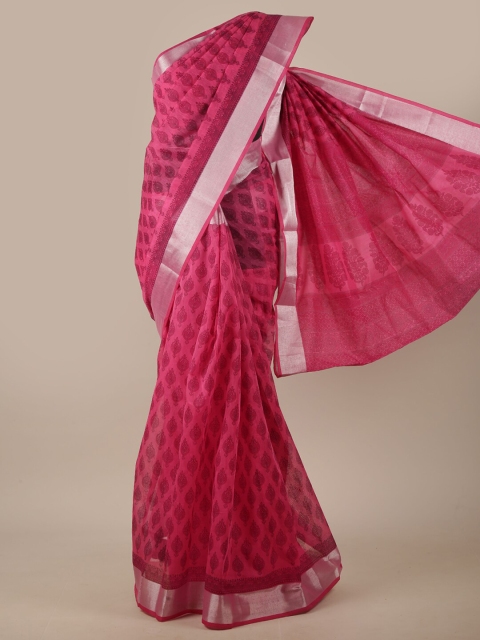 

Pothys Pink & Silver Geometric Printed Zari Saree