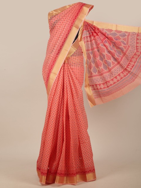 

Pothys Peach-Coloured & Blue Ethnic Motifs Zari Saree