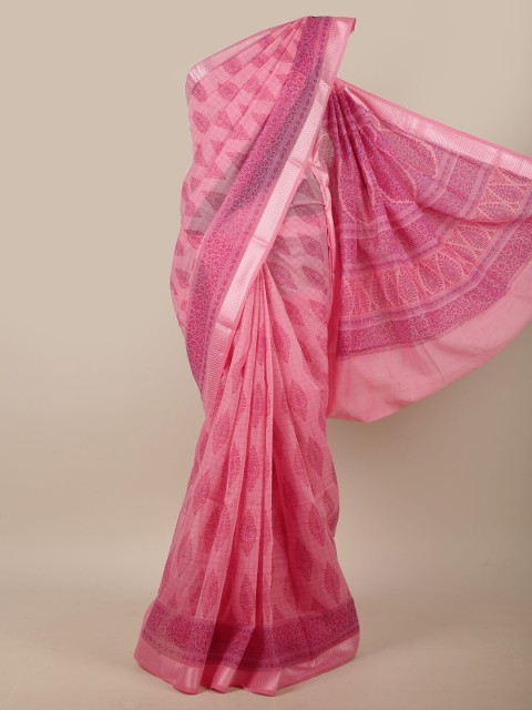 

Pothys Pink & Silver Ethnic Motifs Zari Saree