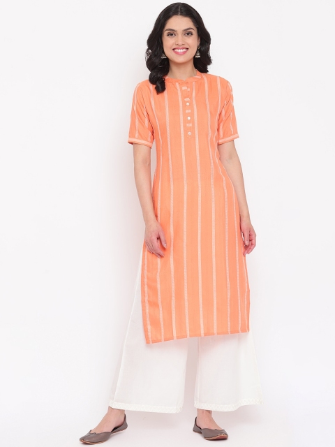 

Napra Women Orange Striped Thread Work Pastels Kurta