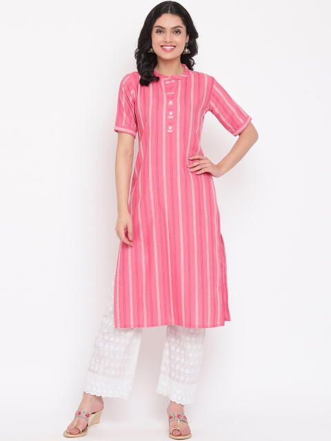 

Napra Women Pink Striped Thread Work Pastels Kurta