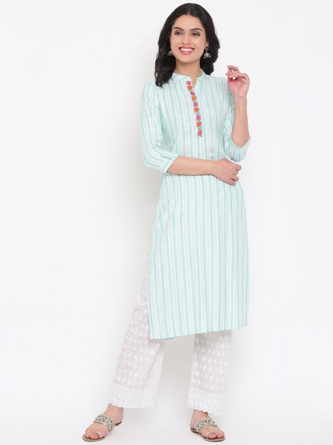 

Napra Women Green Cotton Embroidered Striped Pastels Kurta