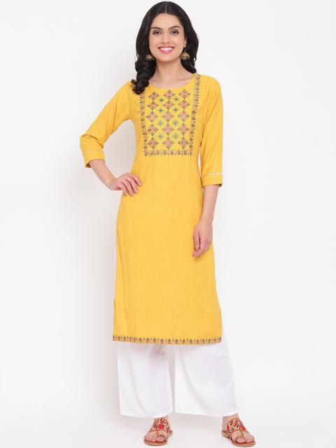

Napra Women Yellow Geometric Yoke Design Thread Work Pastels Kurta