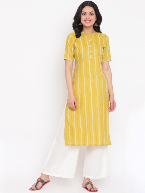 

Napra Women Yellow Striped Mirror Work Pastels Kurta