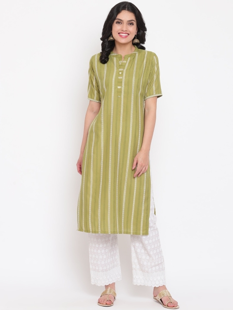

Napra Women Olive Green Striped Thread Work Pastels Kurta