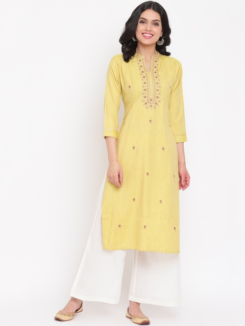 

Napra Women Yellow Ethnic Motifs Embroidered Thread Work Pastels Kurta