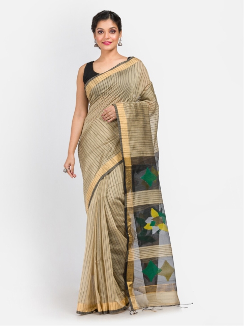 

Aryavart Beige & Green Striped Zari Jamdani Saree