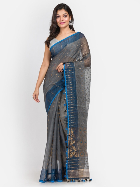 

Aryavart Grey & Blue Woven Design Zari Jamdani Saree with Pompom Detailing