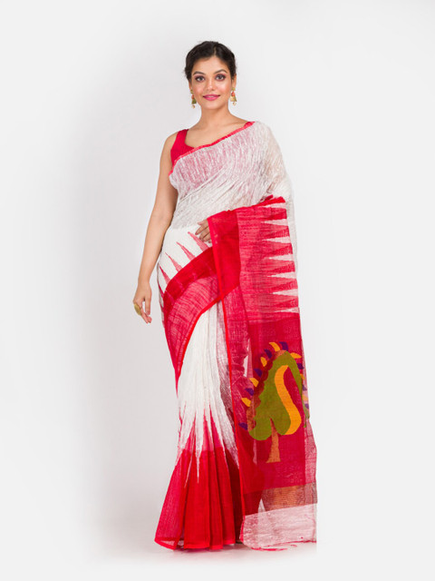 

Aryavart White & Red Jamdani Motifs Silk Blend Saree