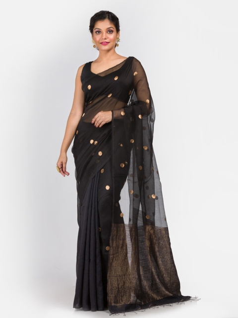 

Aryavart Black & Gold Zari Polka Dot Butta Pure Silk Saree