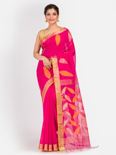 

Aryavart Pink & Yellow Floral Jamdani Saree