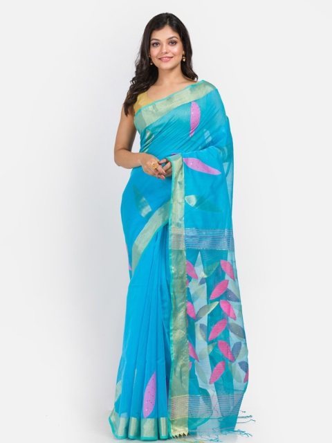 

Aryavart Turquoise Blue & Pink Floral Zari Jamdani Saree
