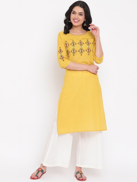 

Napra Women Mustard Yellow Floral Embroidered Thread Work Kurta