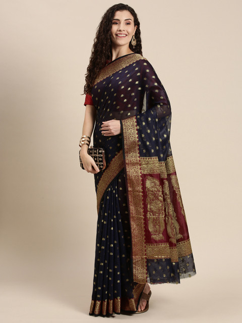 

Triveni Navy Blue Ethnic Motifs Zari Pure Cotton Paithani Saree