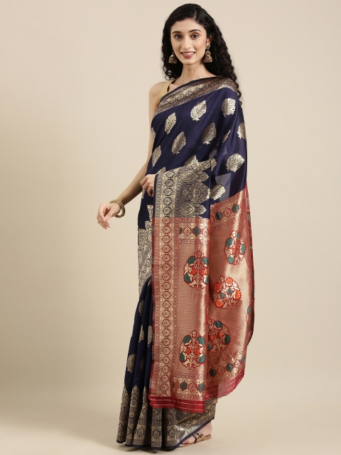 

Triveni Navy Blue & Red Woven Design Zari Silk Blend Paithani Saree