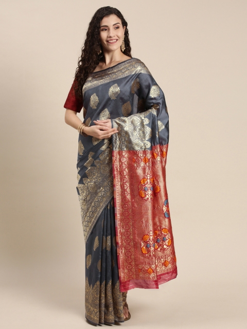 

Triveni Grey Ethnic Motifs Zardozi Silk Blend Paithani Saree