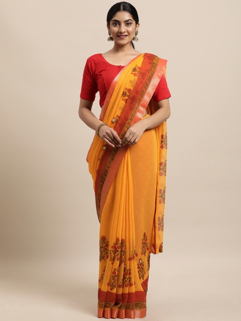 

Triveni Yellow Floral Pure Georgette Saree