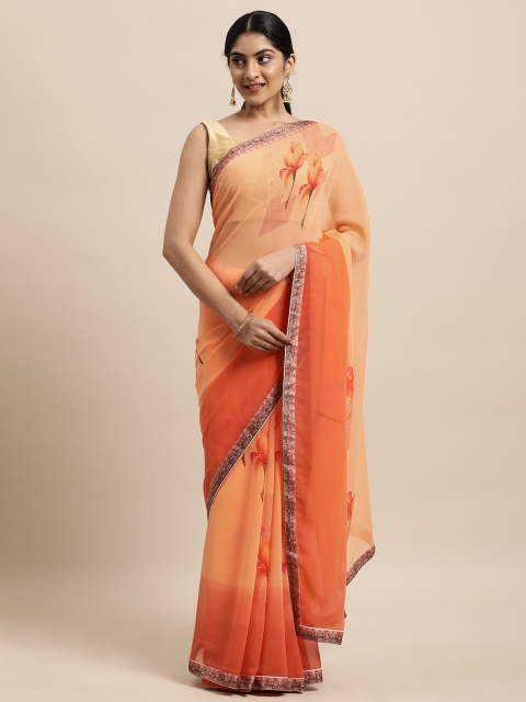 

Triveni Orange Floral Pure Georgette Saree