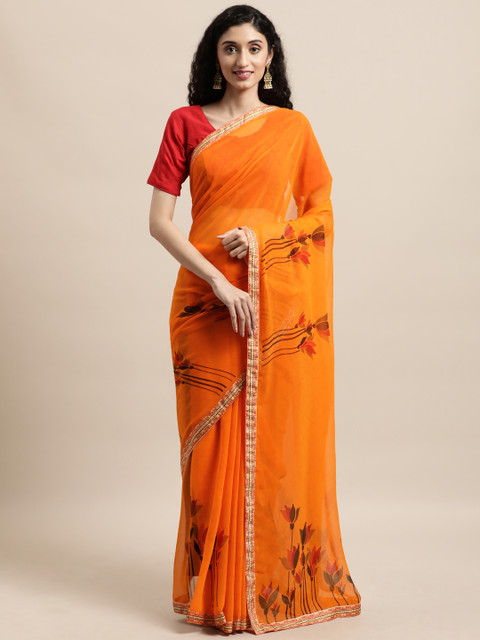 

Triveni Orange Floral Pure Georgette Saree