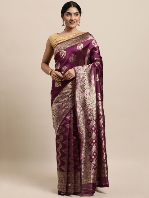 

Triveni Purple & Gold-Toned Ethnic Motifs Zari Art Silk Paithani Saree