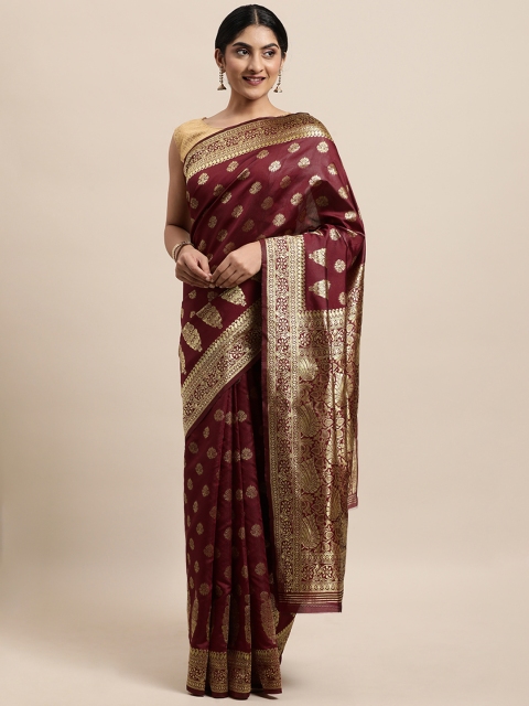 

Triveni Maroon & Gold-Toned Ethnic Motifs Zari Silk Blend Paithani Saree