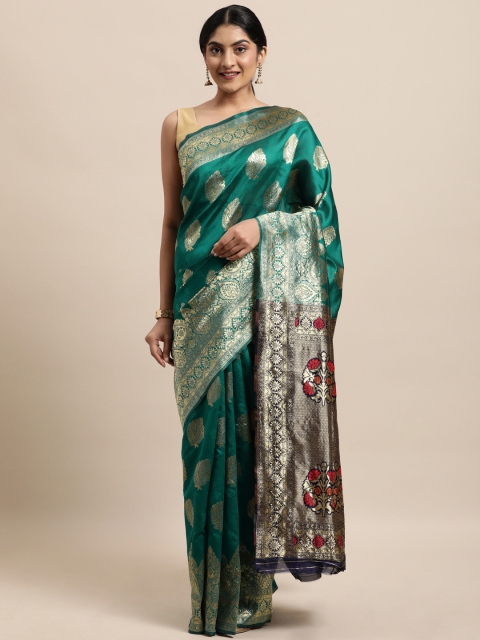 

Triveni Teal & Navy Blue Woven Design Zari Silk Blend Paithani Saree
