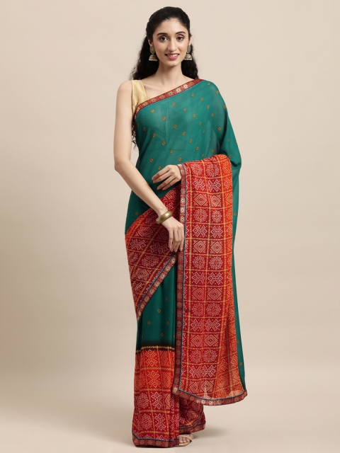 

Triveni Green & Orange Bandhani Pure Georgette Bandhani Saree