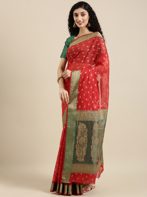 

Triveni Red & Green Woven Design Zari Pure Cotton Paithani Saree
