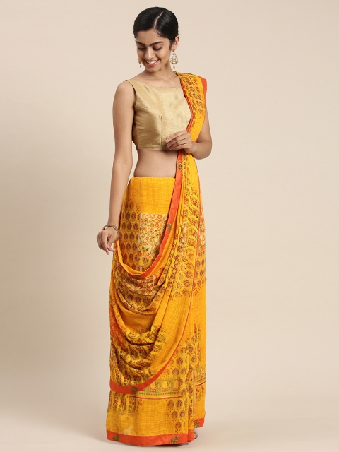 

Triveni Mustard Floral Pure Georgette Saree