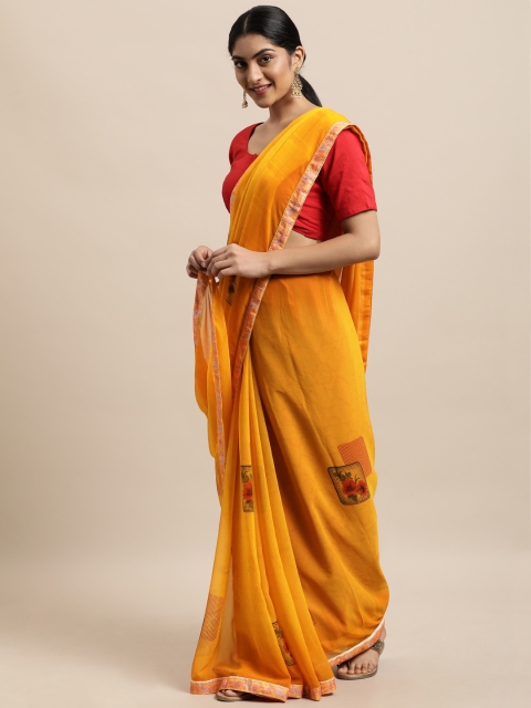 

Triveni Yellow Floral Pure Georgette Saree