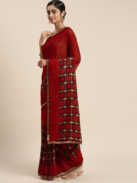 

Triveni Red Printed Zari Saree