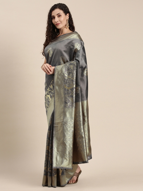 

Triveni Grey Ethnic Motifs Zari Pure Silk Saree